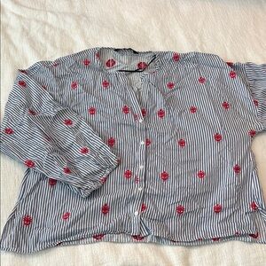 Zara Blue Striped Blouse with Red Floral Design